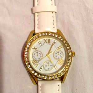 Watch w/Diamond accent & White Faux Leather Band.
